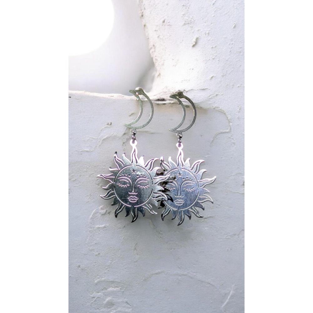 Celestial Sun and Moon Earrings, Stainless Steel Dangle Stud Earrings